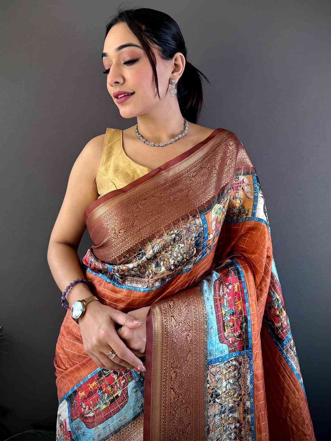 Rust Orange Tussar Silk Kalamkari Checkered Saree by My Store