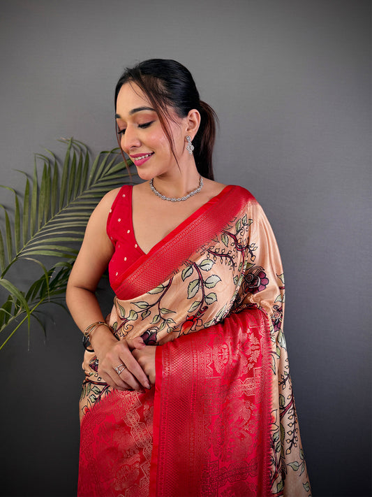 Peach Kalamkari Printed Soft Satin Saree by My Store