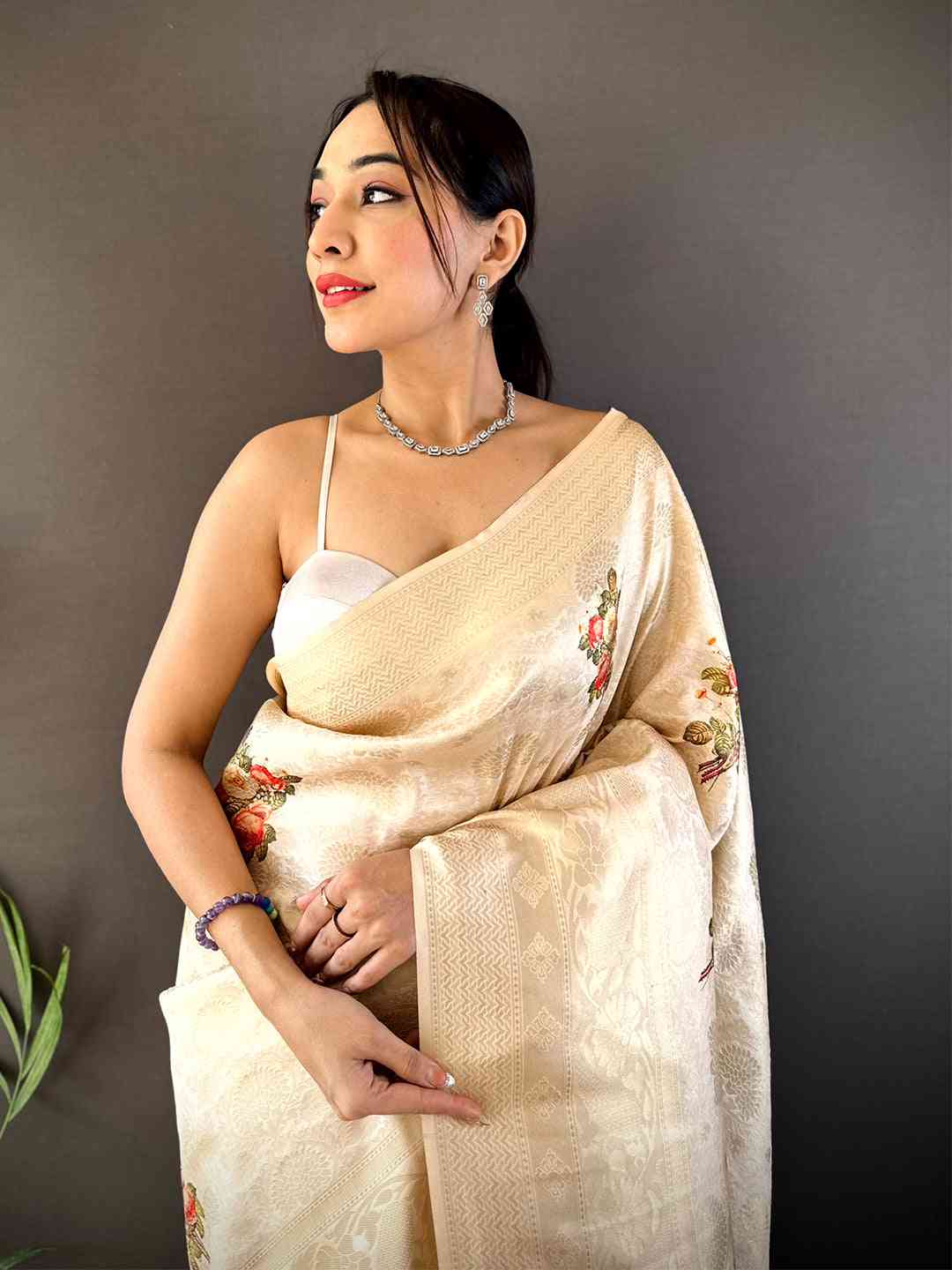 Cream Kanjivaram Digital Silk Saree by My Store