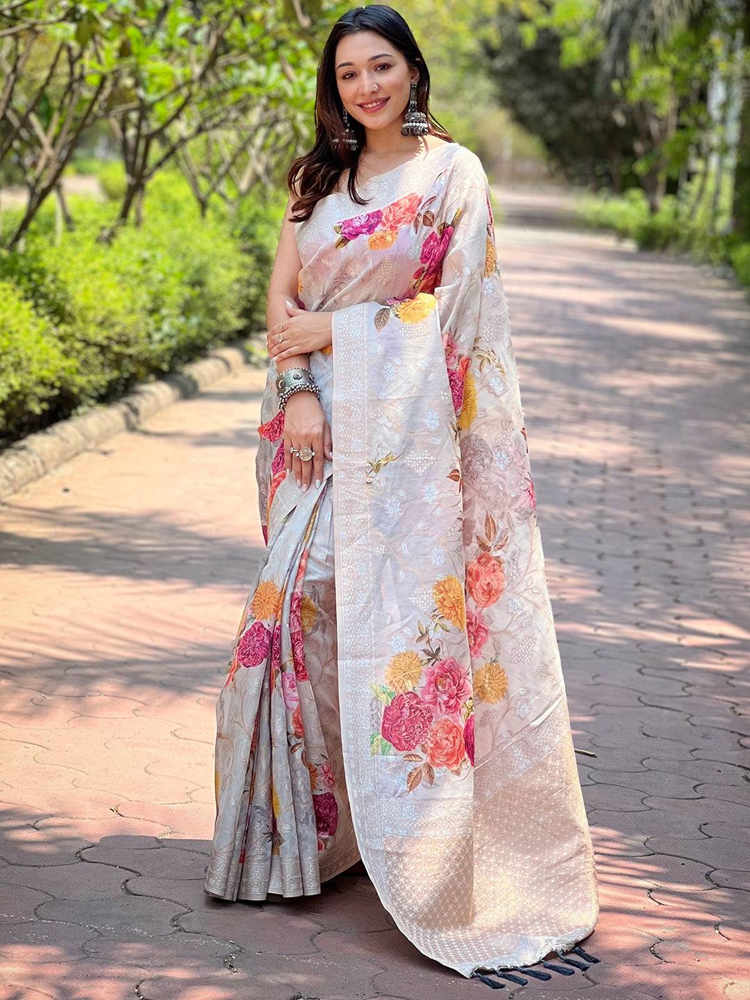 Grey Lakhnavi Bandla Zari Weaving Saree by My Store