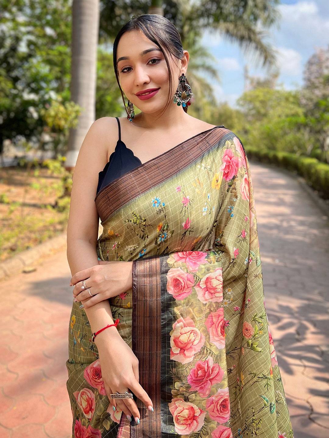 Pista Soft Silk Copper Zari Weaving Digital Floral Saree by My Store