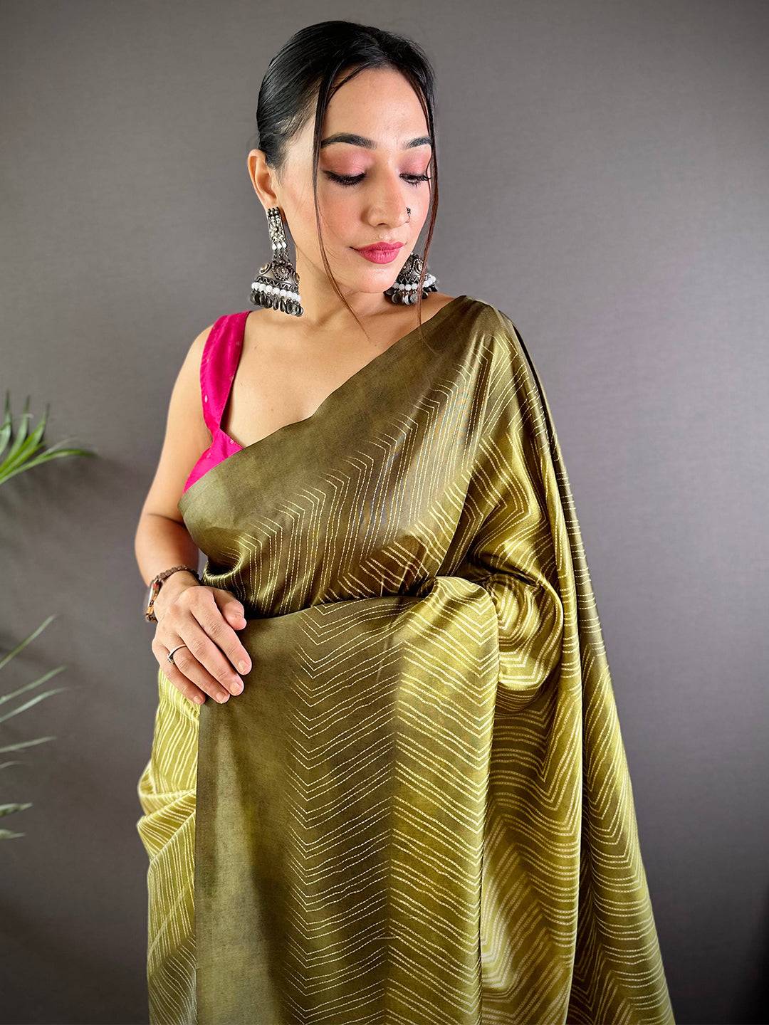 Olive Leheriya Gamthi Silk Sarees by My Store