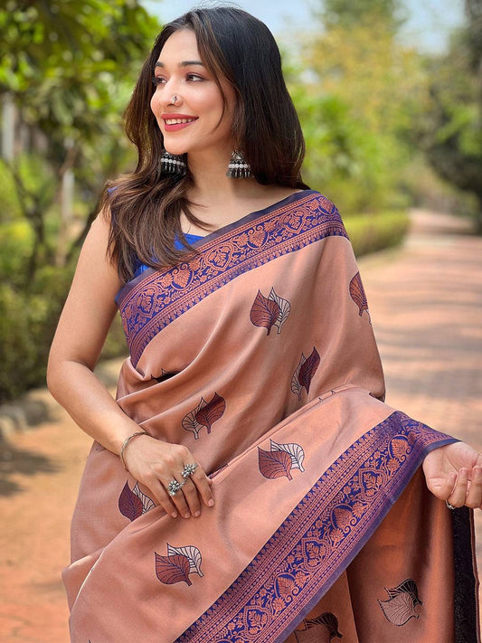Pastel Peach Kanjivaram Tissue Saree With Gold Zari Weaving by My Store