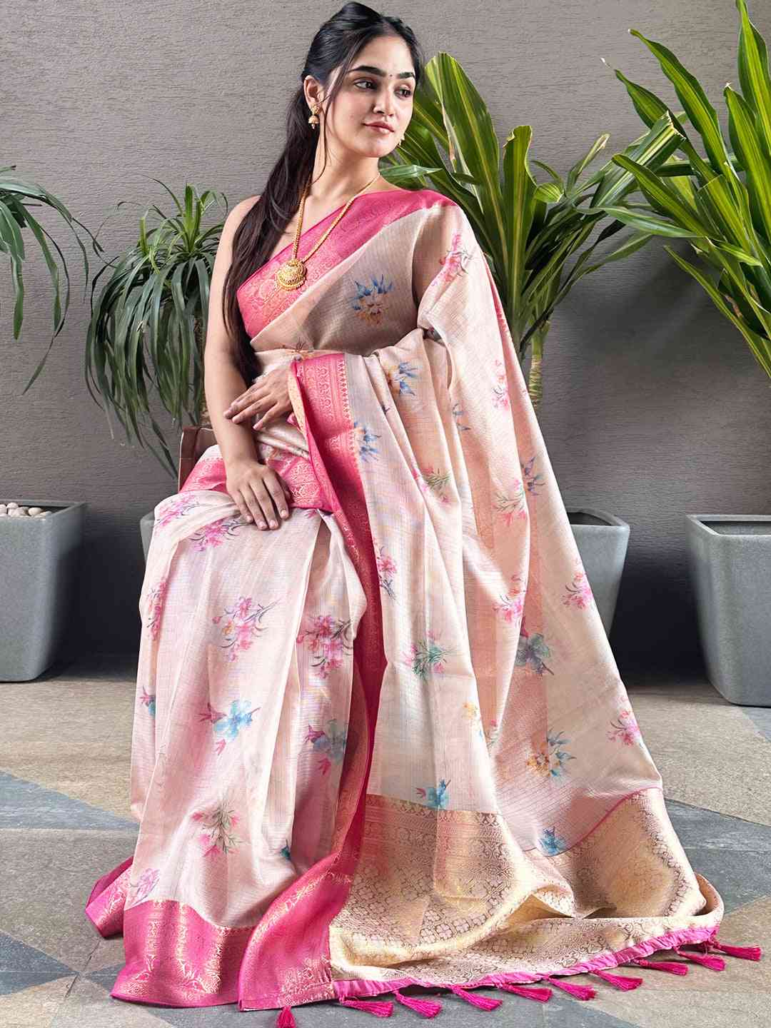 Peach Colour Digital Flower Print Kota Silk Saree by My Store
