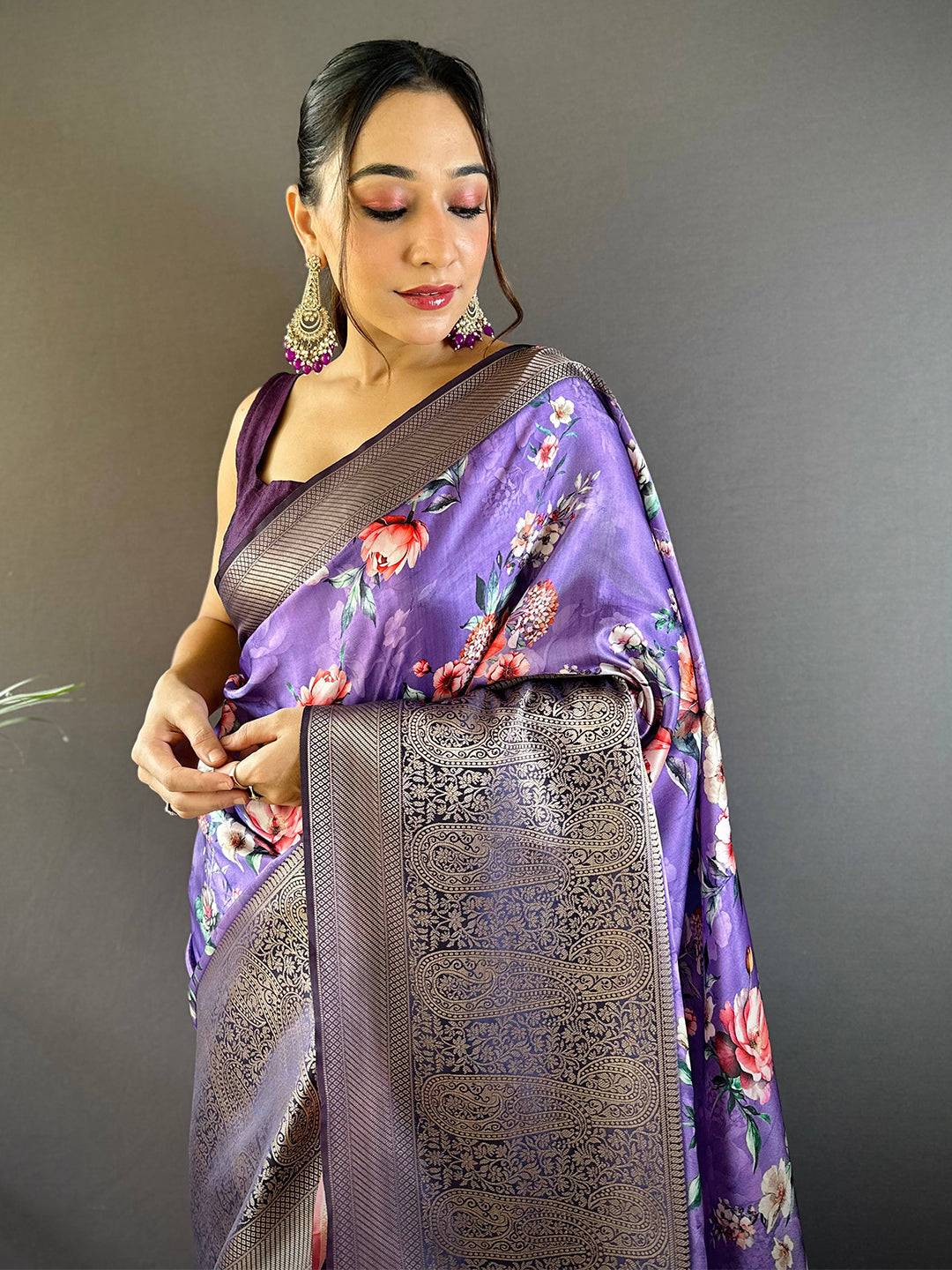 Purple Satin Silk Floral Print Saree by My Store