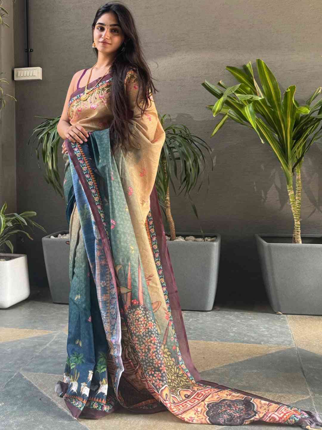 Soft Linen Ombre Pichwai Printed Turquoise Colour Saree by My Store