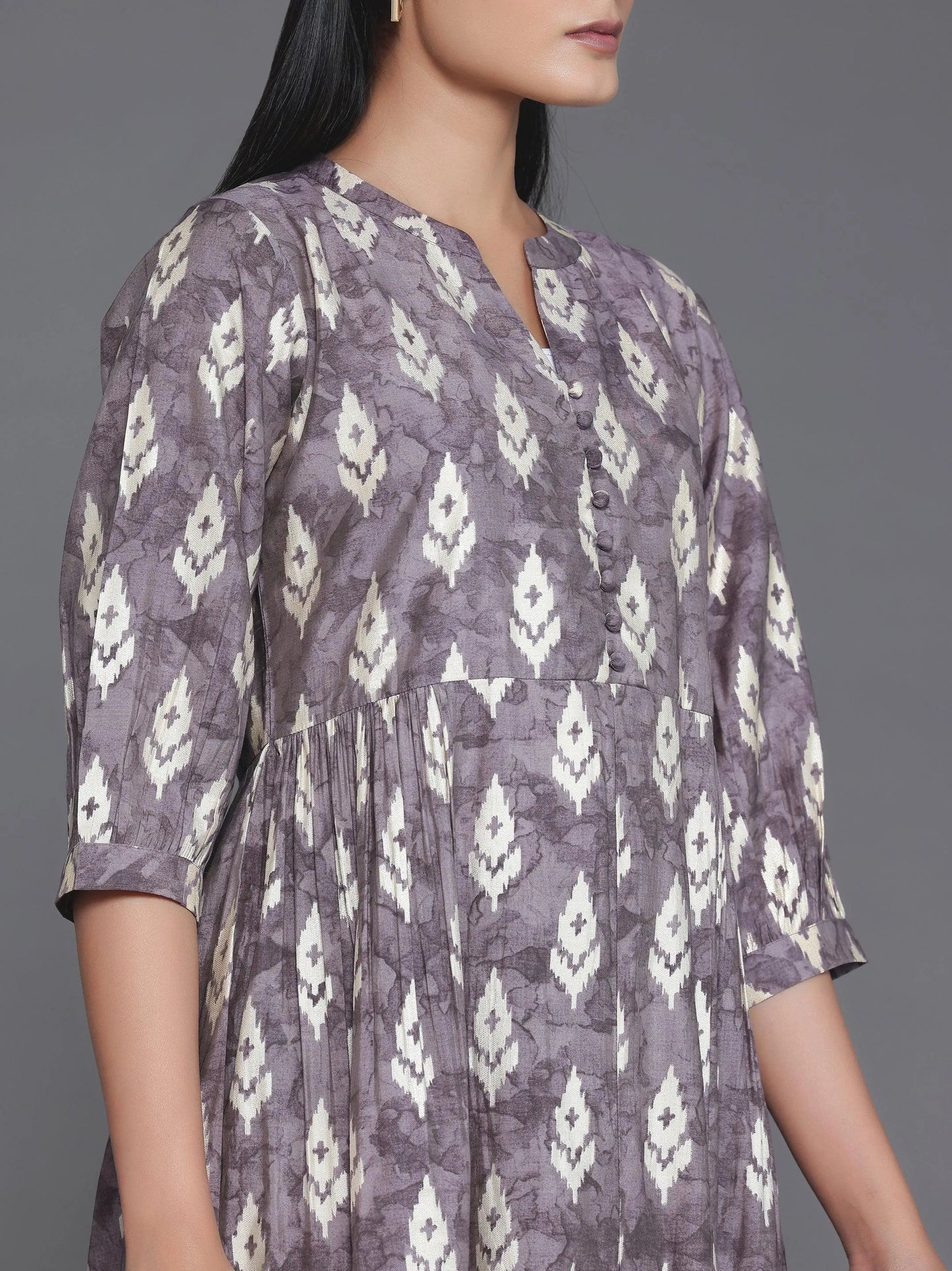 Mauve Printed Silk Fit and Flare Dress by My Store