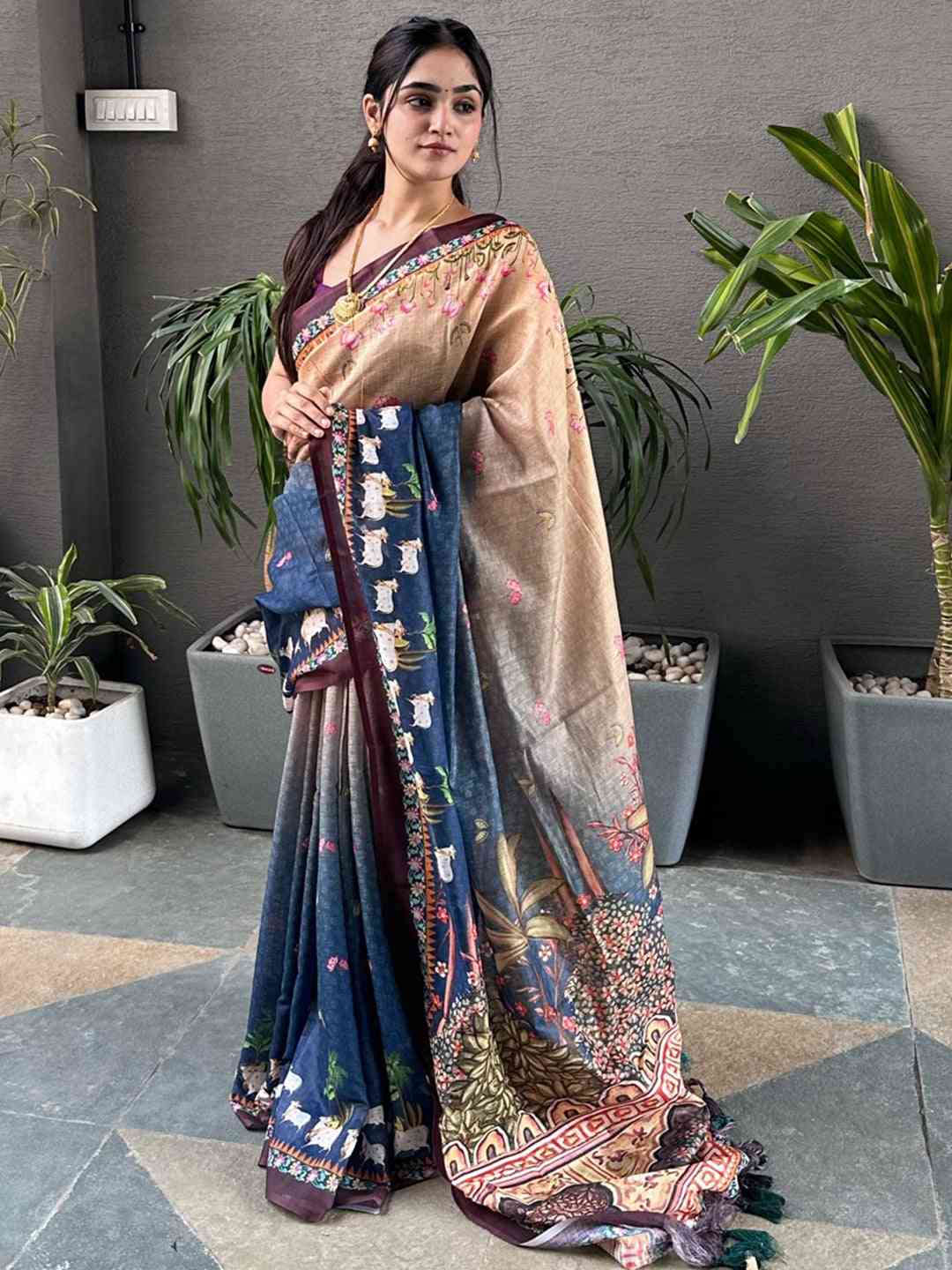 Soft Linen Ombre Pichwai Printed Blue Colour Saree by My Store