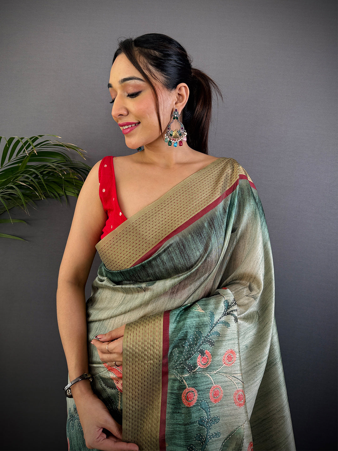 Rama Tussar Silk Digital Print Saree by My Store