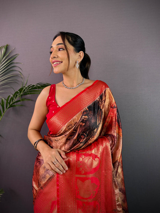 Heritage Soft Cherry Satin Kalamkari Print Saree by My Store