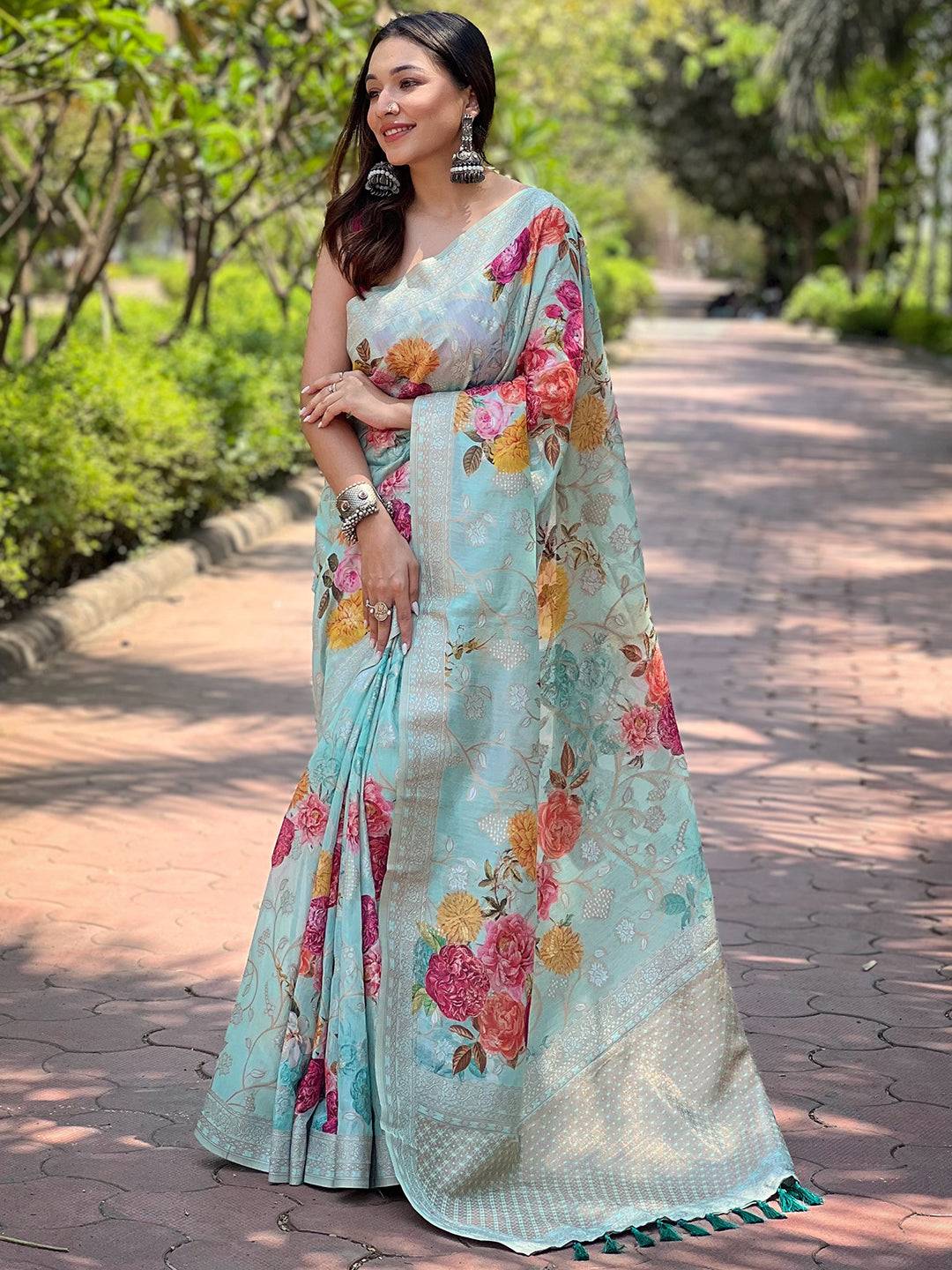 Light Green Lakhnavi Bandla Zari Weaving Saree by My Store