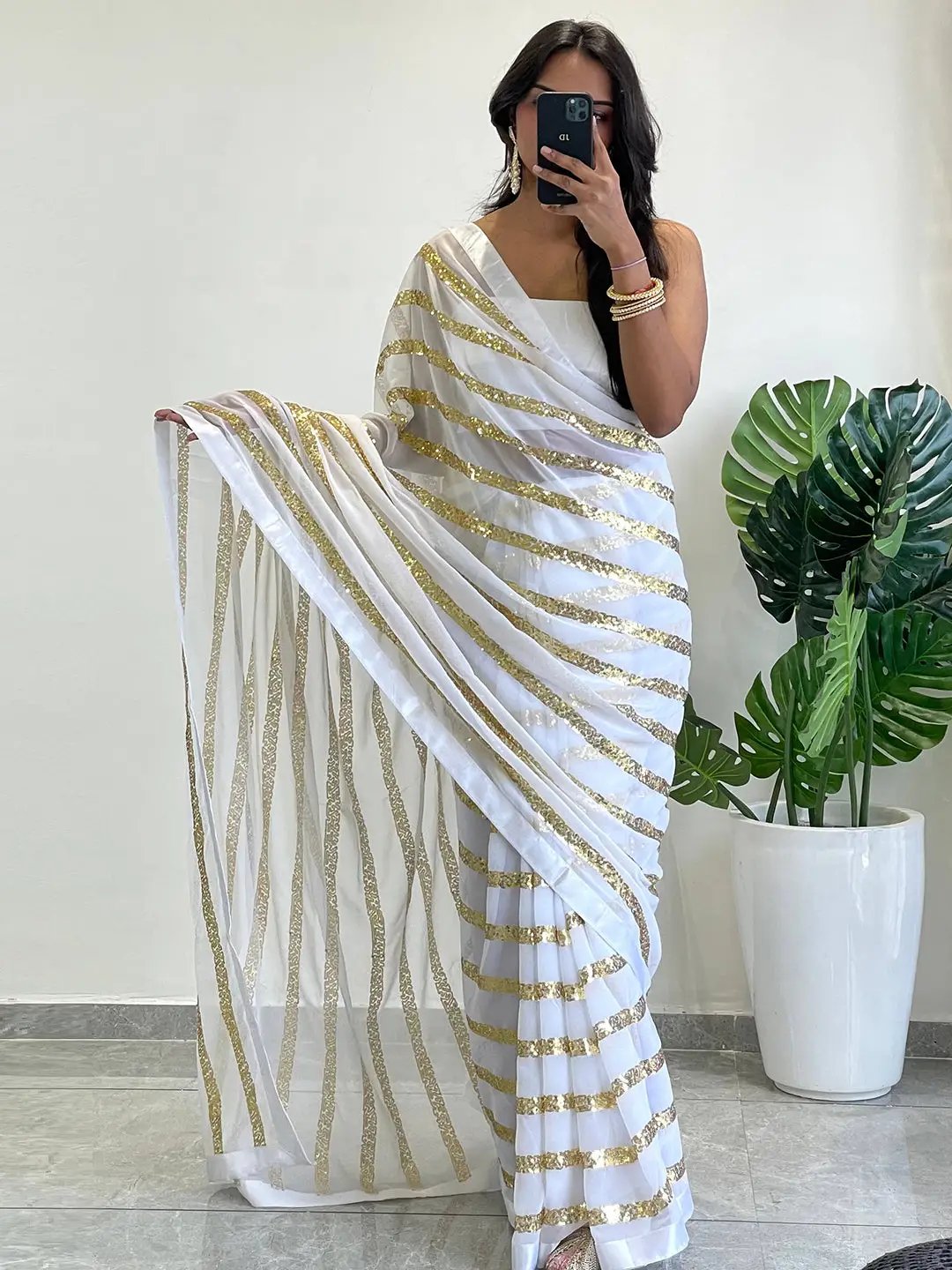 Modern Elegance Georgette Saree with Striped Sequins Work and Solid Border by My Store