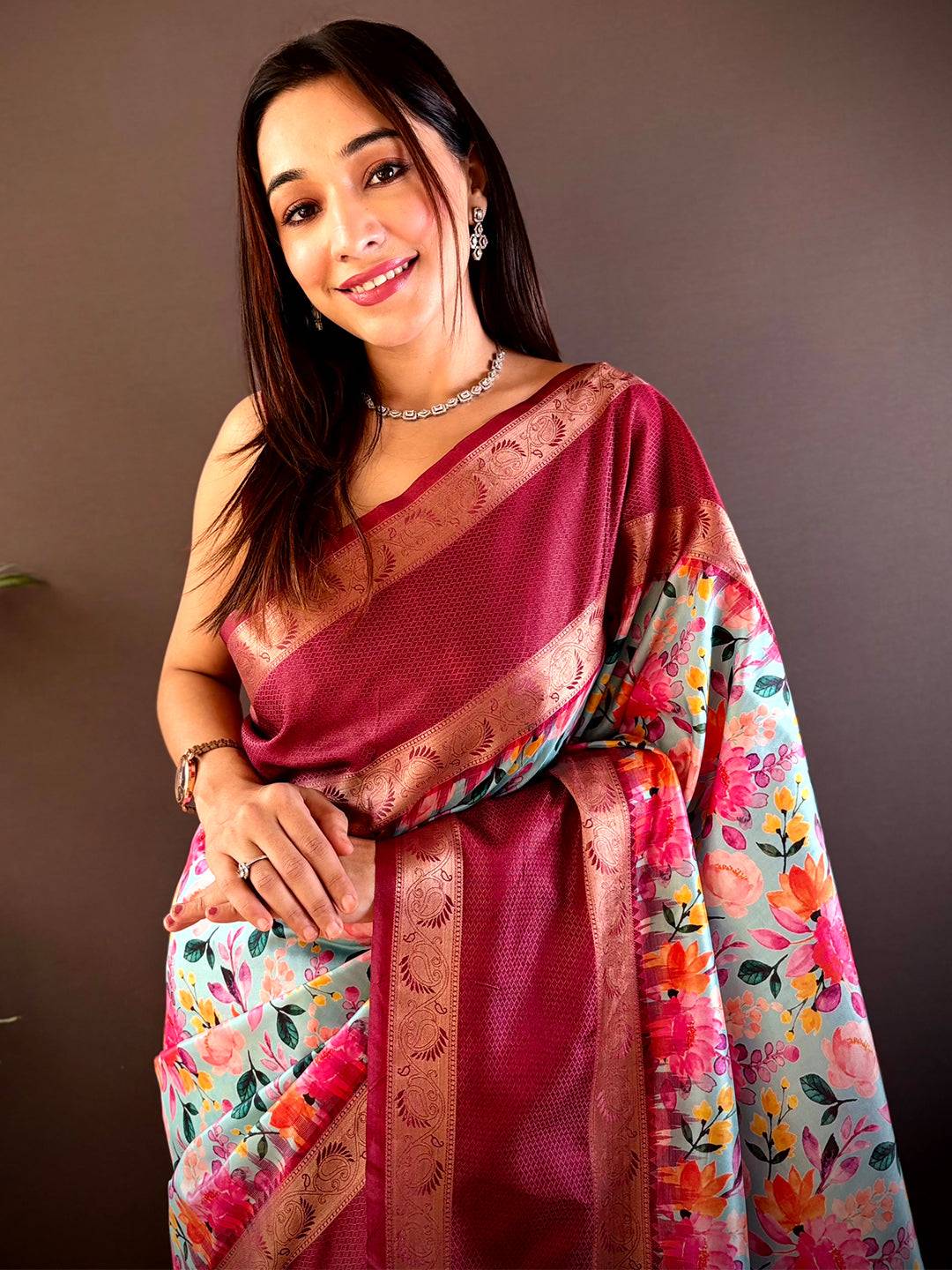 Opulent Wine Banarasi Soft Silk Saree by My Store