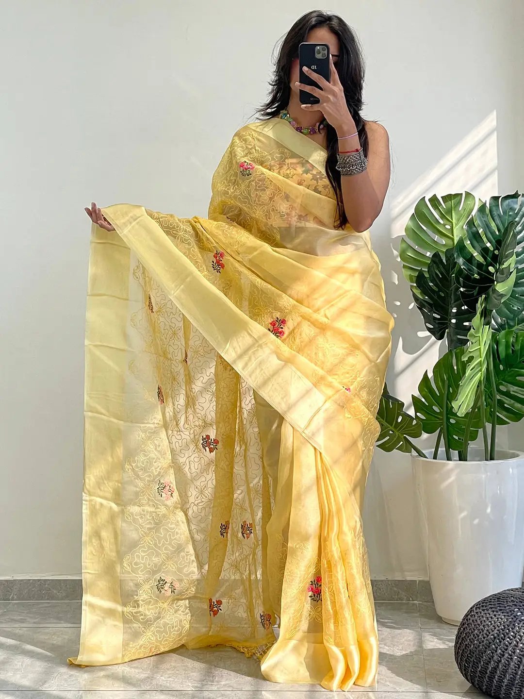 Soft Chiffon Satin Saree With Flower Embroidered Work by My Store