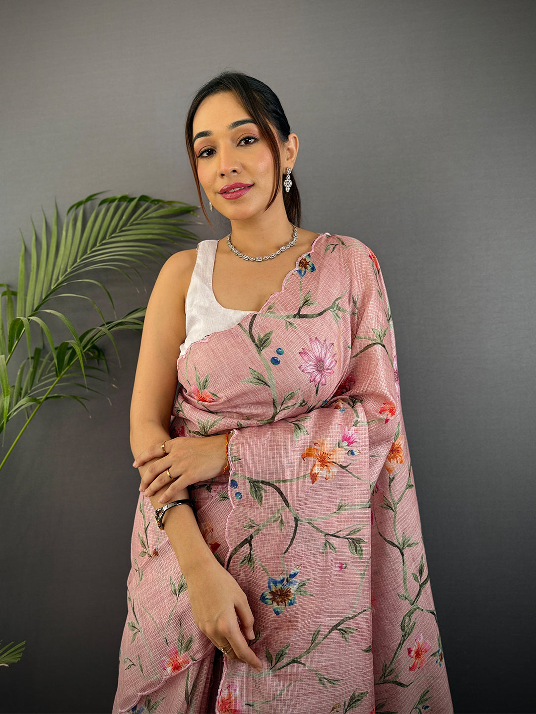 Light Pink Soft Kota Floral Print Saree by My Store