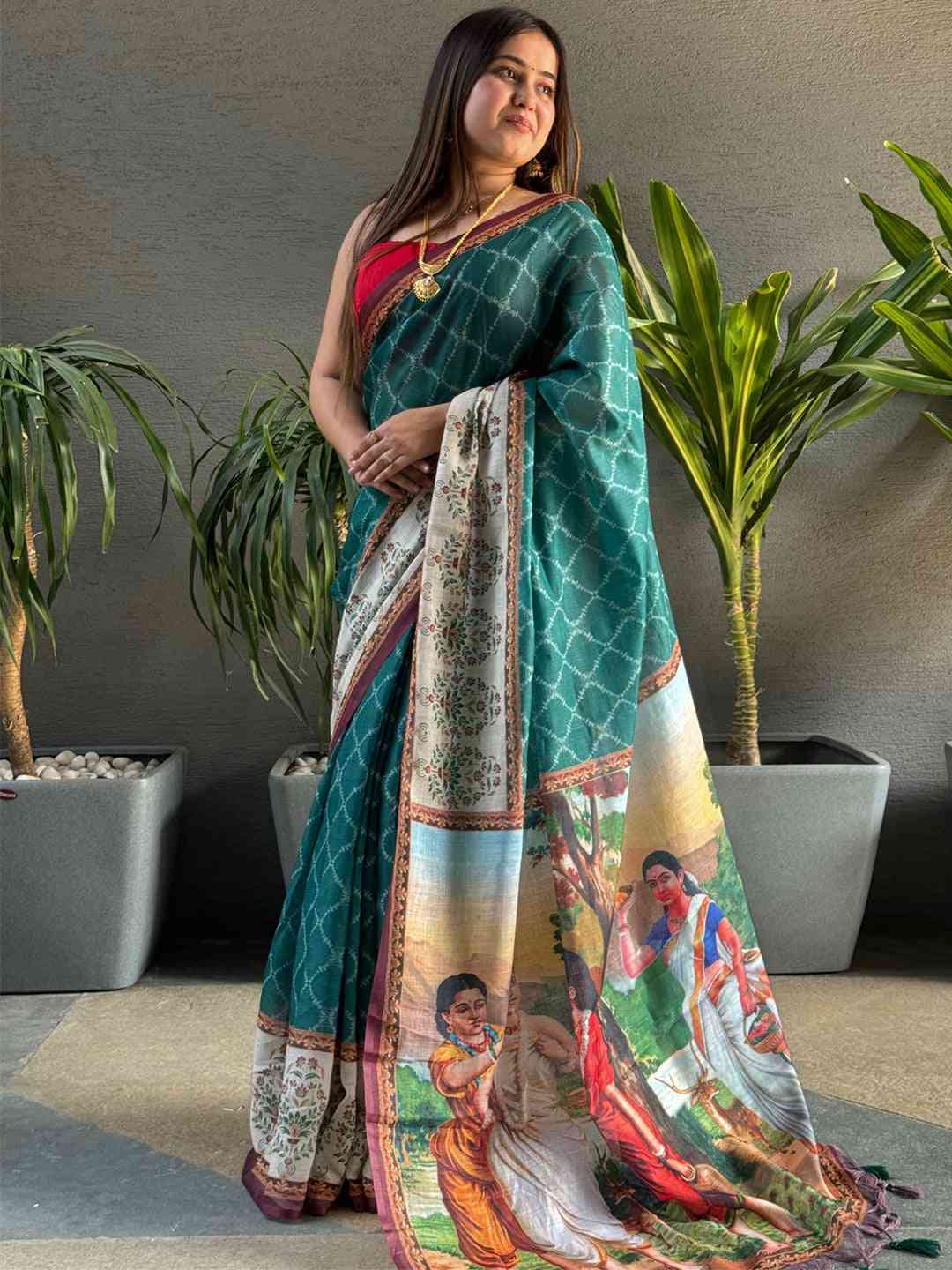 Teal Colour Ikkat Print Saree With kalamkari Block Print Design by My Store