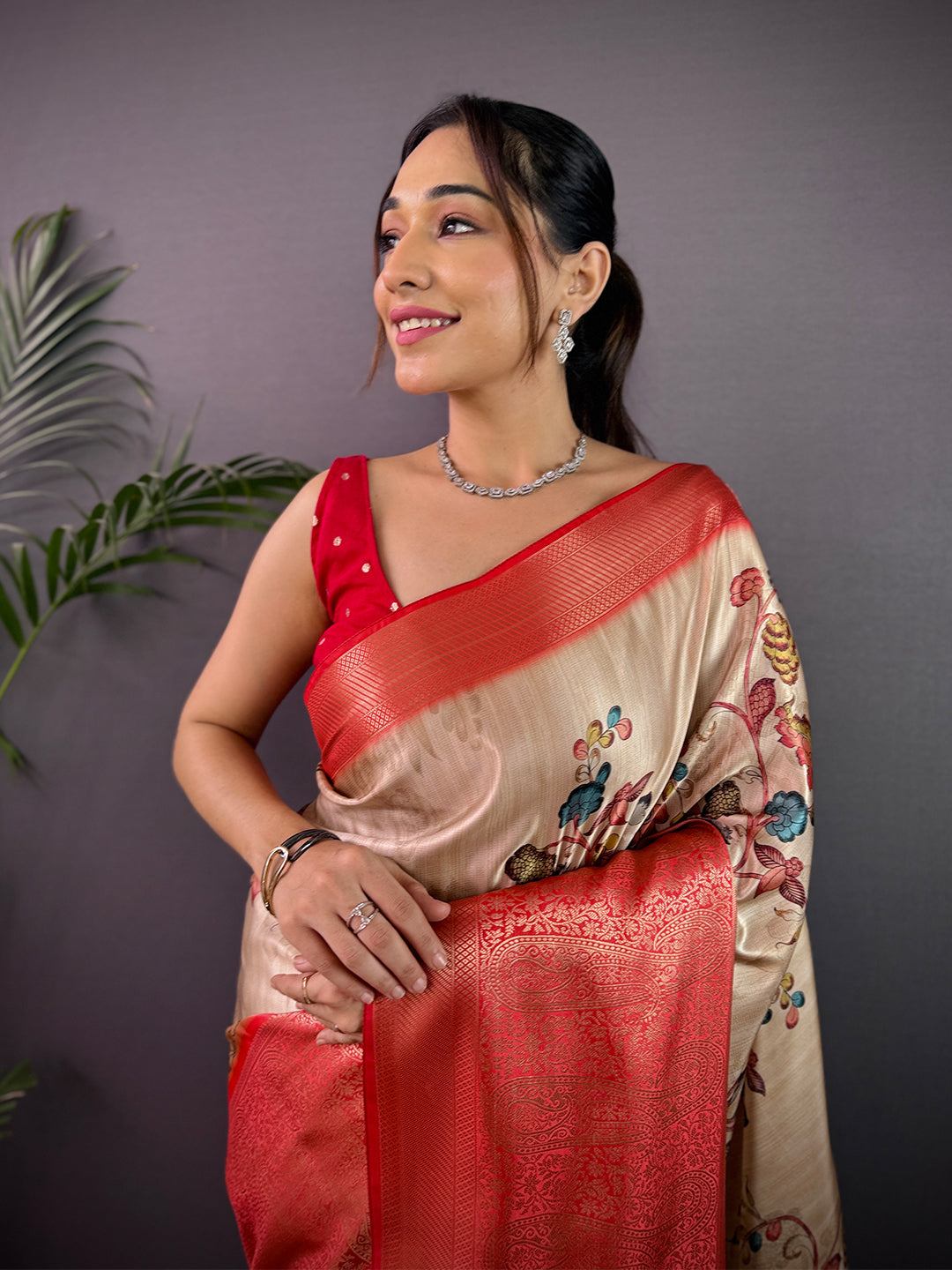 Beige Cherry Satin Kalamkari Saree