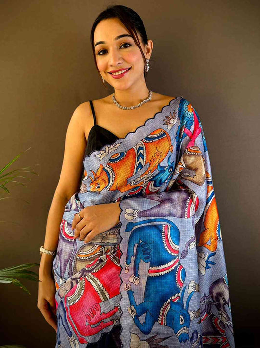 Lavender Kota Doriya Kalamkari Saree by My Store