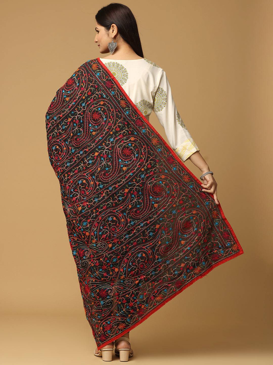 Poly Chiffon Black Colour Pashmina Threadwork Dupatta by My Store