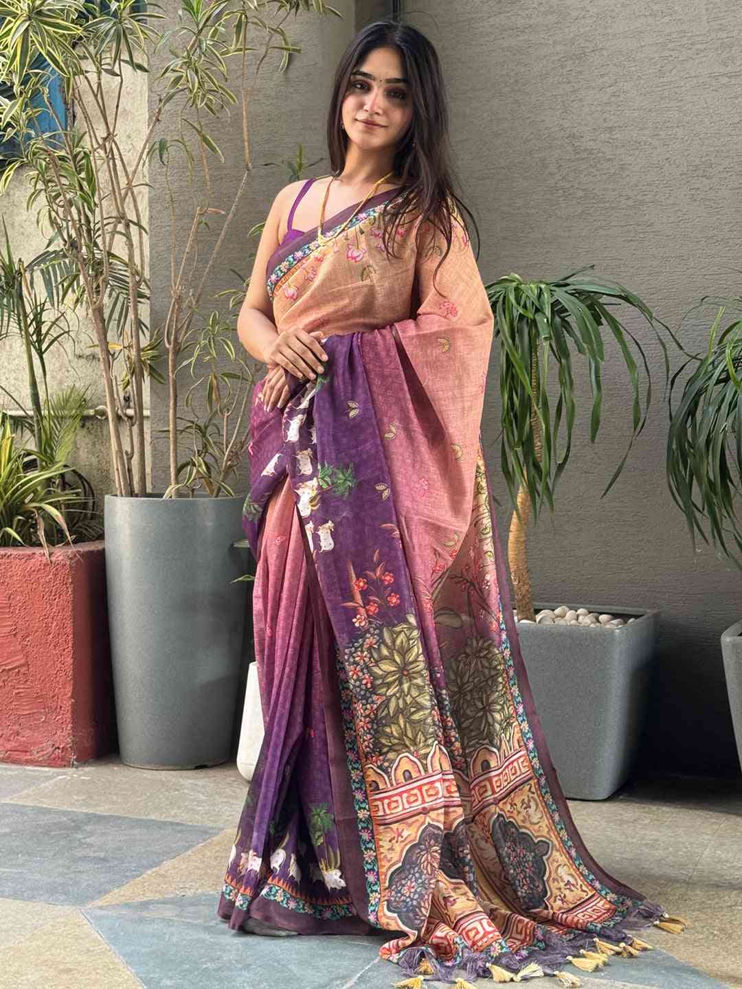 Soft Linen Ombre Pichwai Printed Purple Colour Saree by My Store