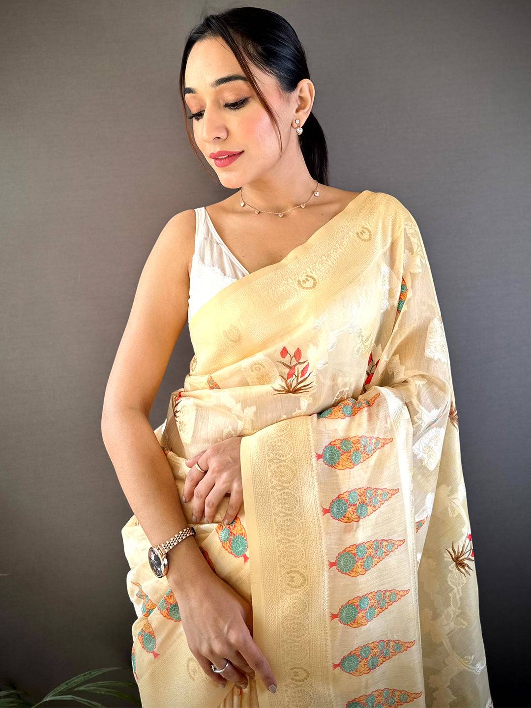 Cream Lakhani Cotton Kalamkari Print Saree by My Store