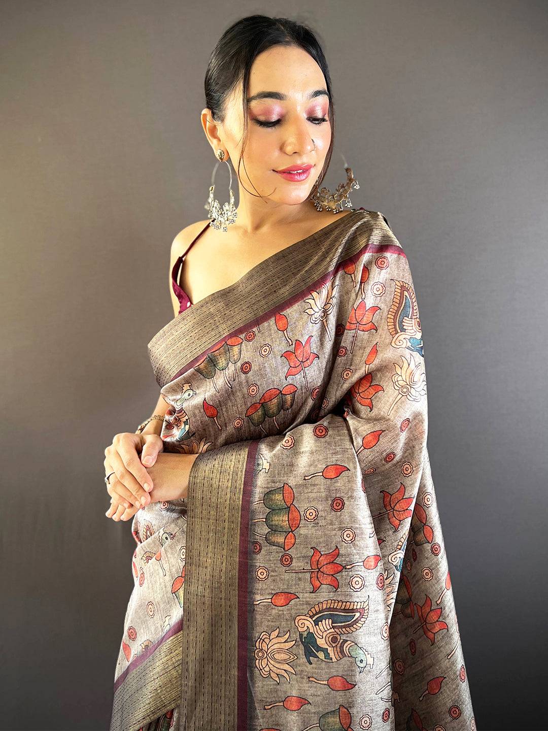 Grey Kalamkari Tussar Silk Saree by My Store