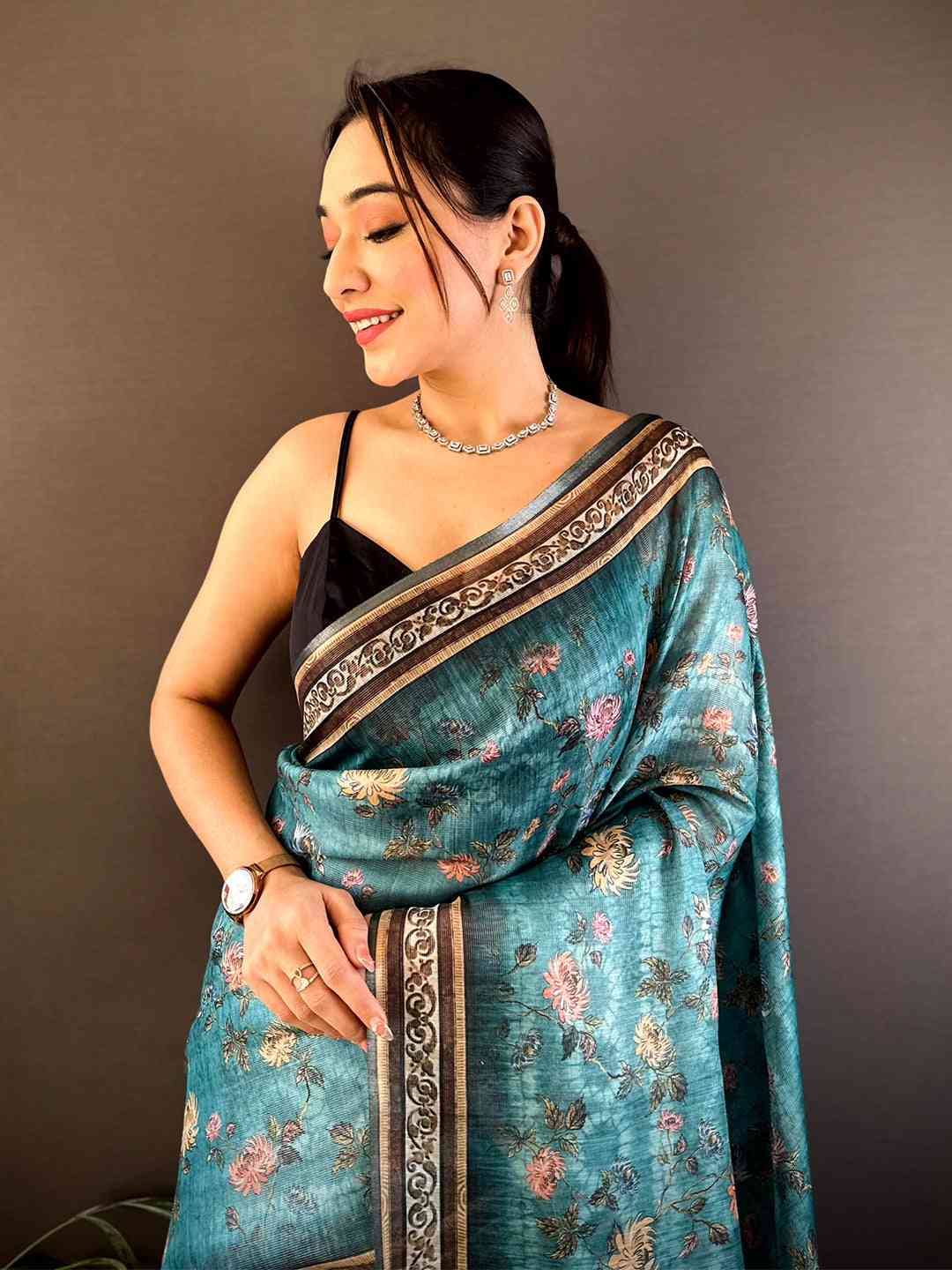 Teal Gold Zari Chanderi Phulkari Saree by My Store