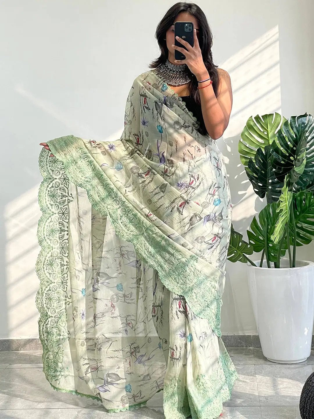 Soft Chiffon Satin Saree with Cut Work Embroidered Boder by My Store