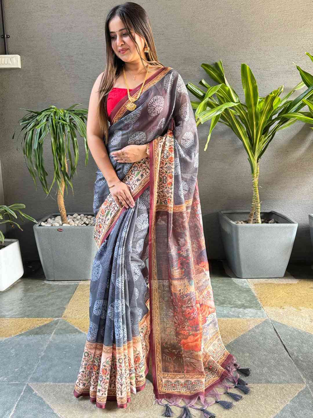 Grey Colour Block Print Saree With kalamkari Print Pallu by My Store