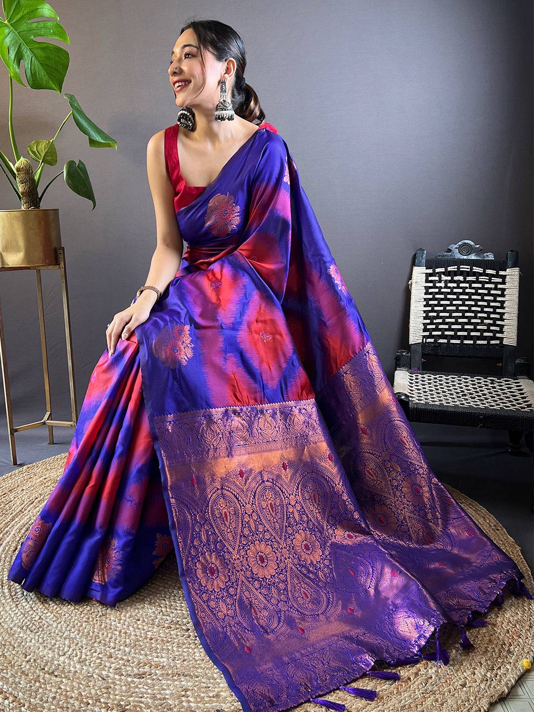 Rose Red Tussar Silk Ikkat Weaving Saree by My Store