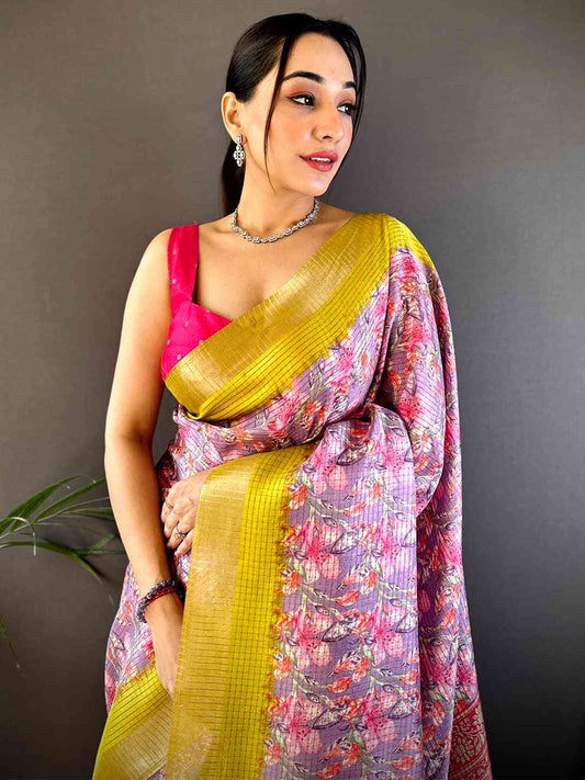 Lavender Tussar Chex Floral Saree by My Store