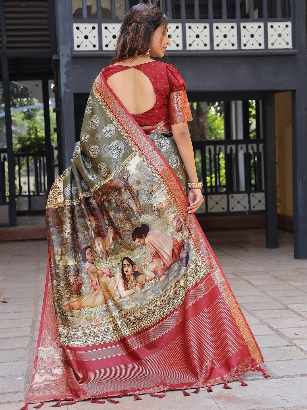 Olive Pure Viscose Dola Silk Saree With Kalamkari And Mughal Print - Luxe by My Store