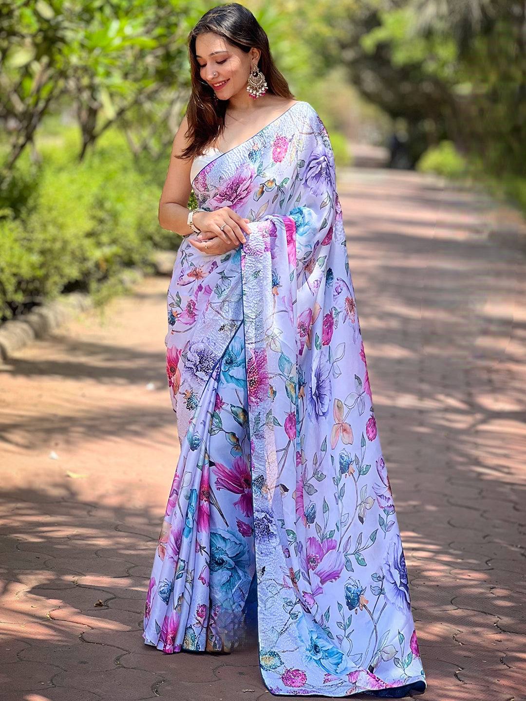 Satin Georgette Off White Floral Digital Print Saree by My Store
