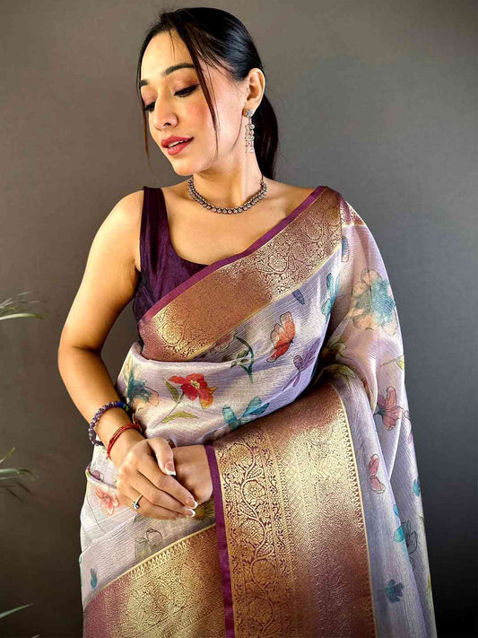 Lavender Floral Gold Zari Tissue Saree by My Store