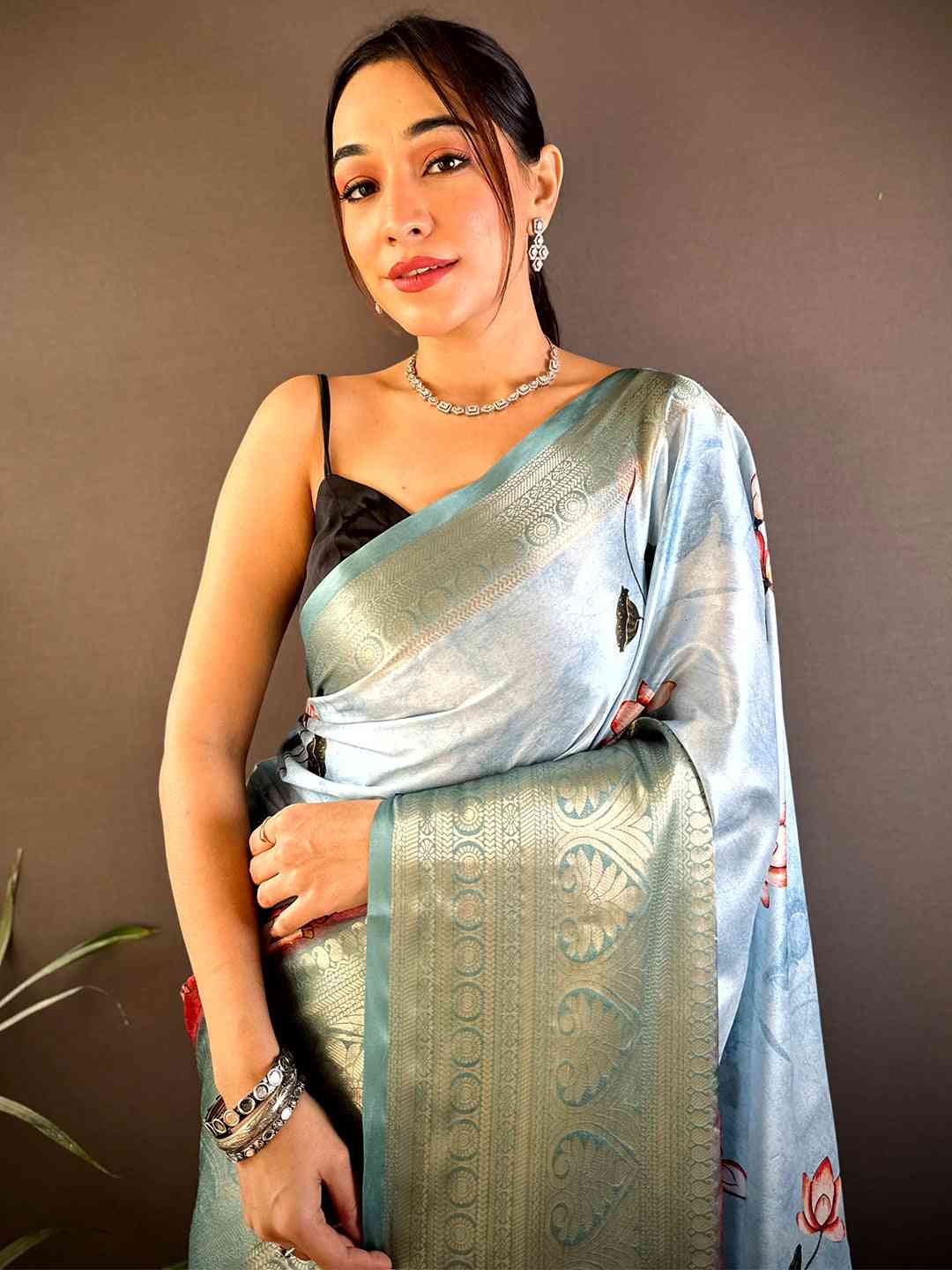 Sky Blue Pichwai Print Soft Silk Saree by My Store