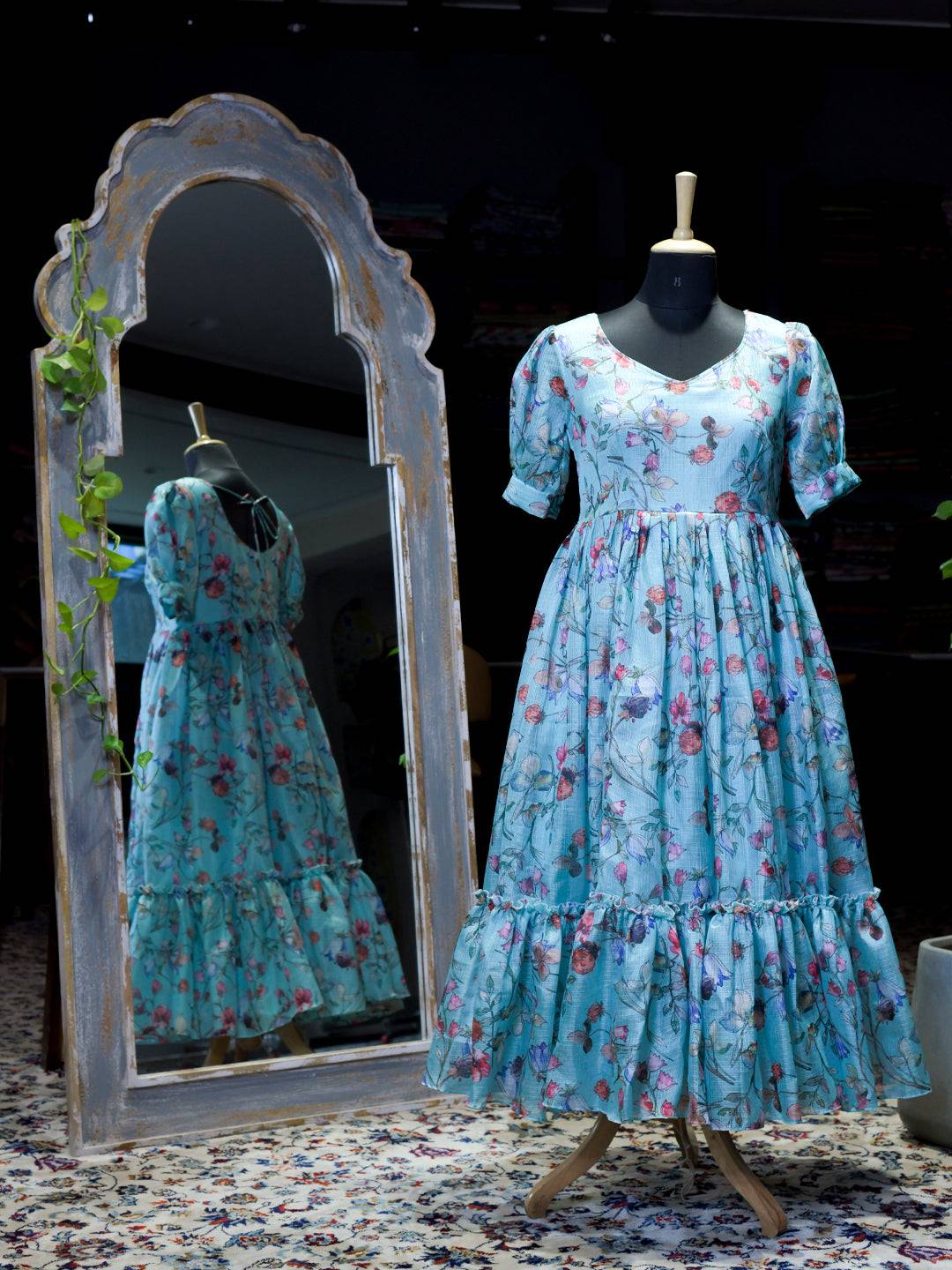 Powder Blue Floral Print Dress by My Store