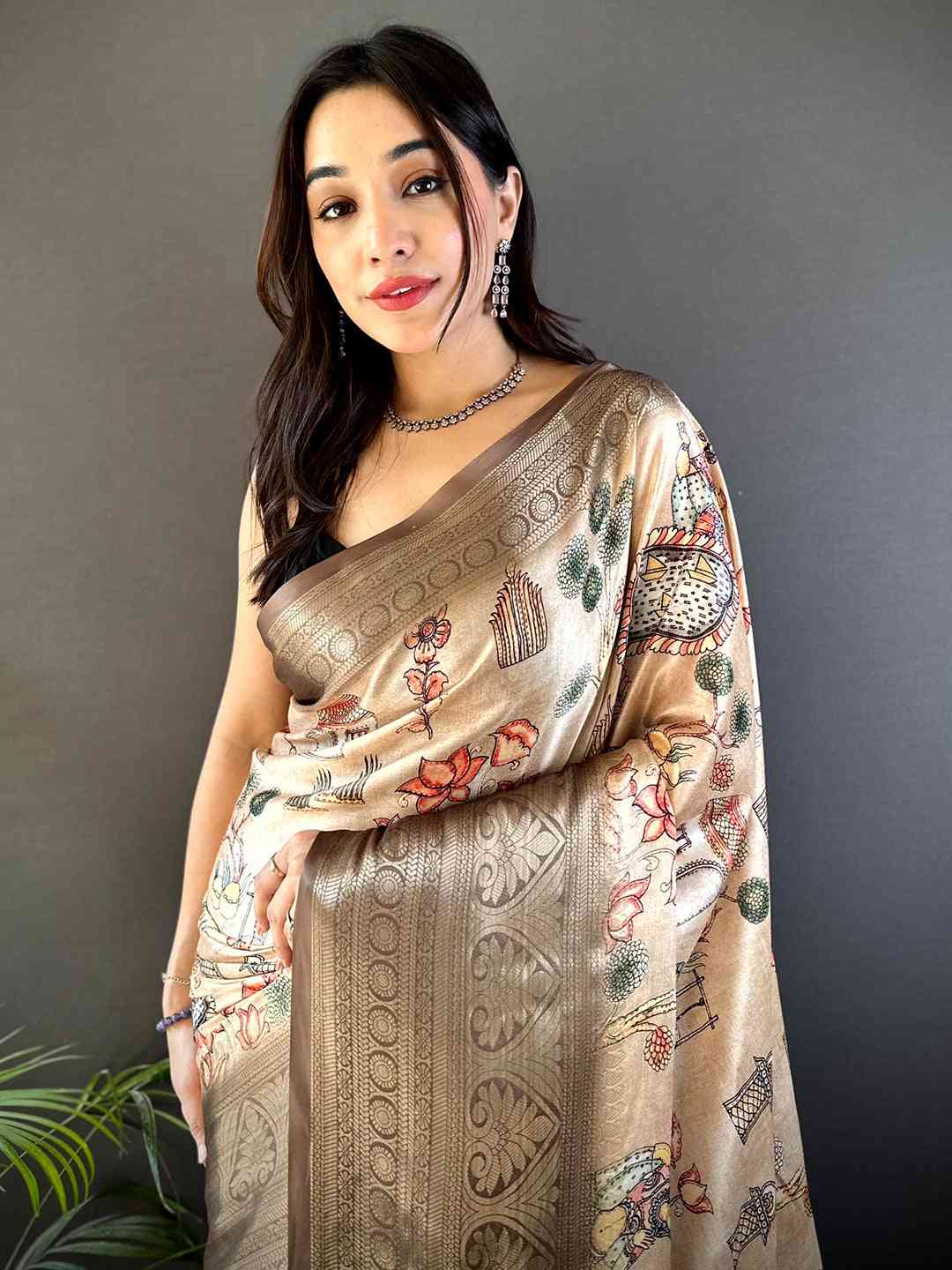 Soft Silk Kalamkari Print Saree In Peach by My Store