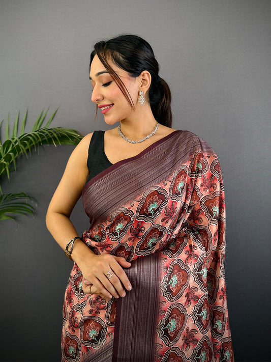 Peach Linen Block Kalamkari Print Saree by My Store