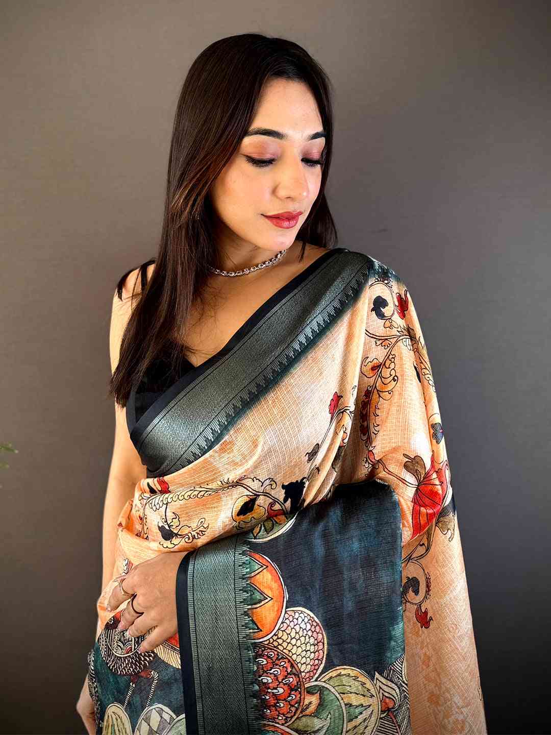 Peach Kota Doriya Zari Weave Digital Print Saree by My Store