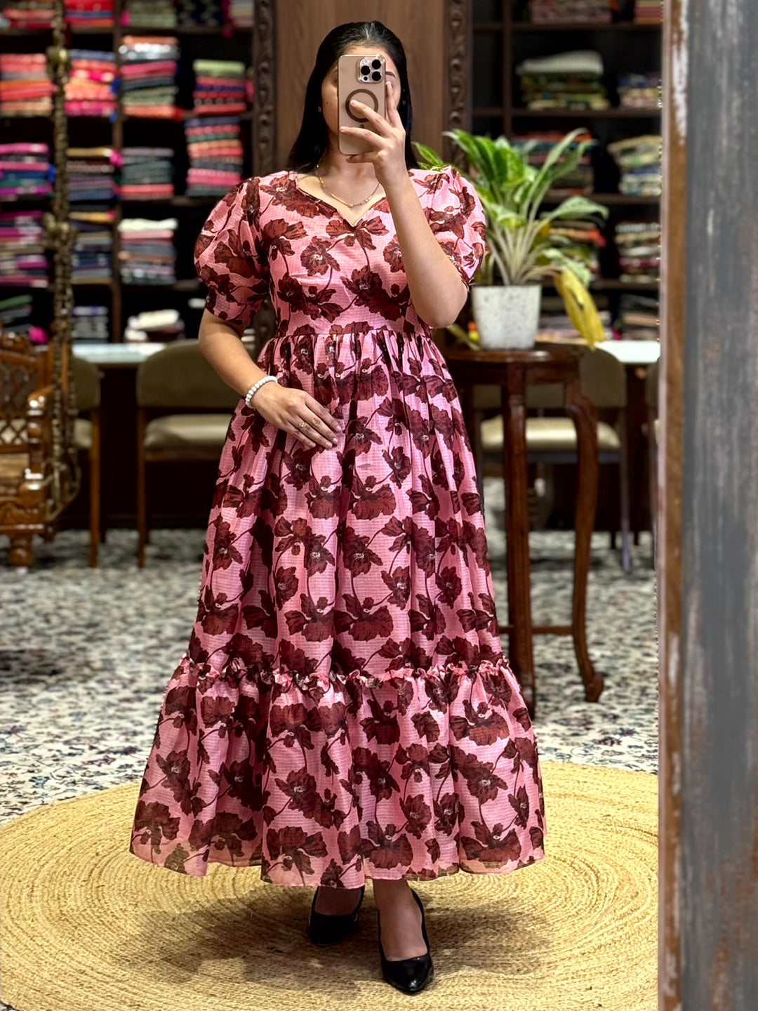 Baby Pink Floral Print Midi Dress