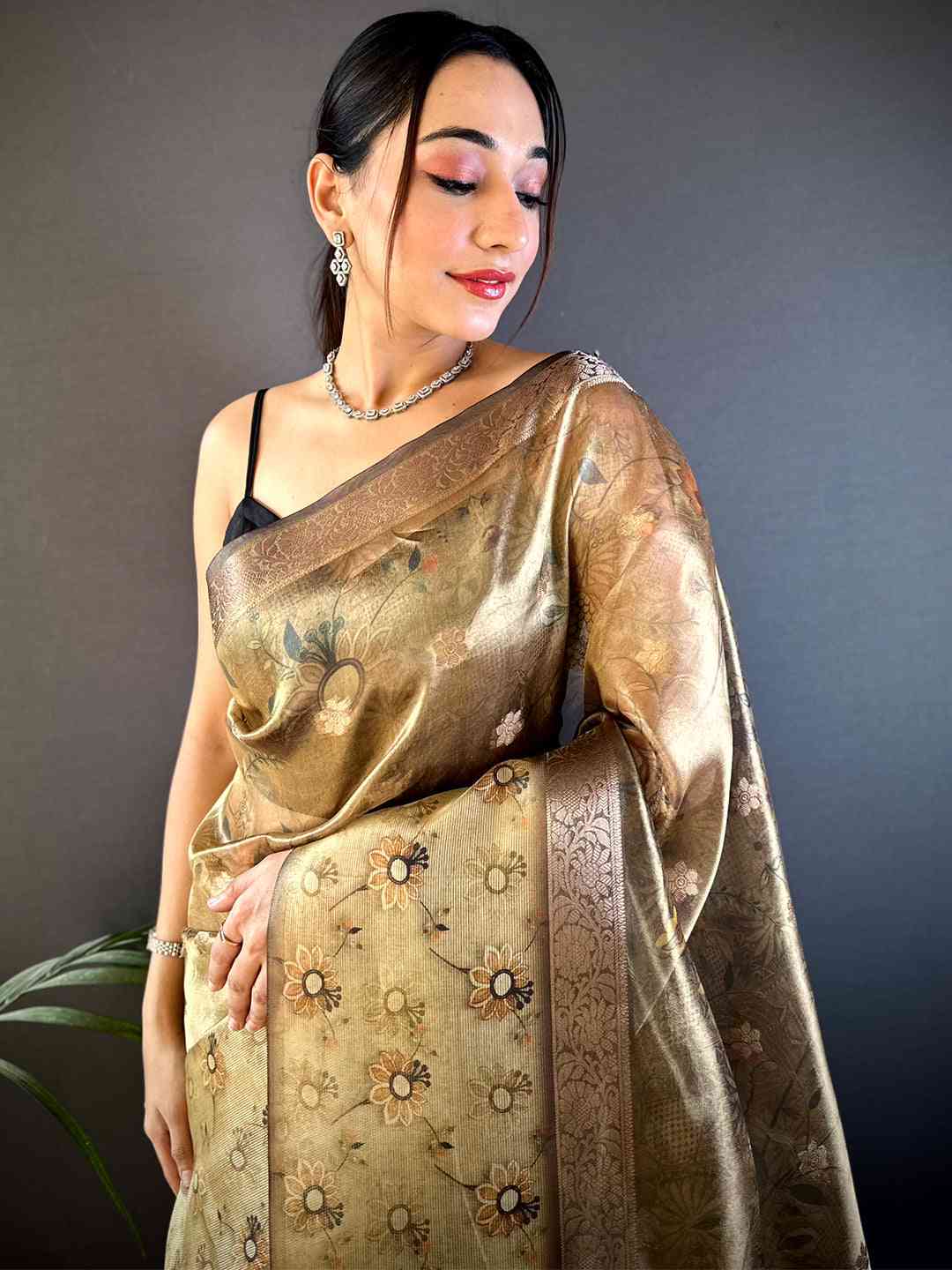 Light Pista Floral Satin Bentex Border Saree by My Store