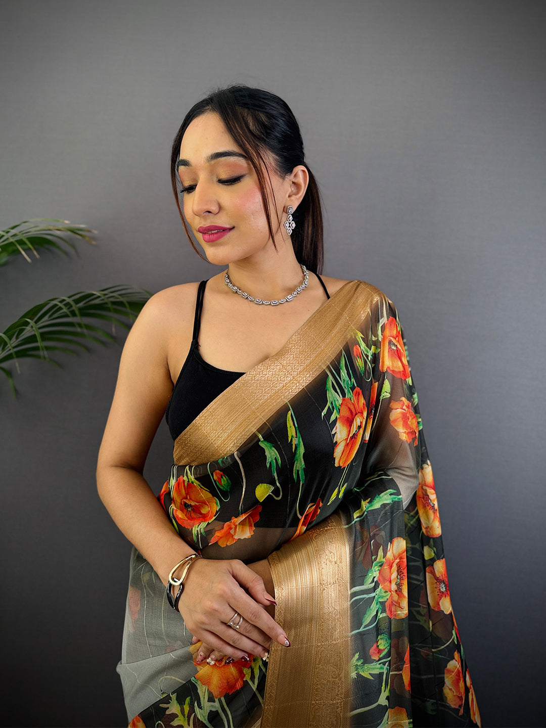 Black Soft Organza Digital Print Saree
