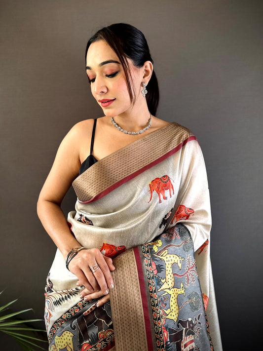 Ivory Digital Kalamkari Printed Tussar Silk Saree by My Store