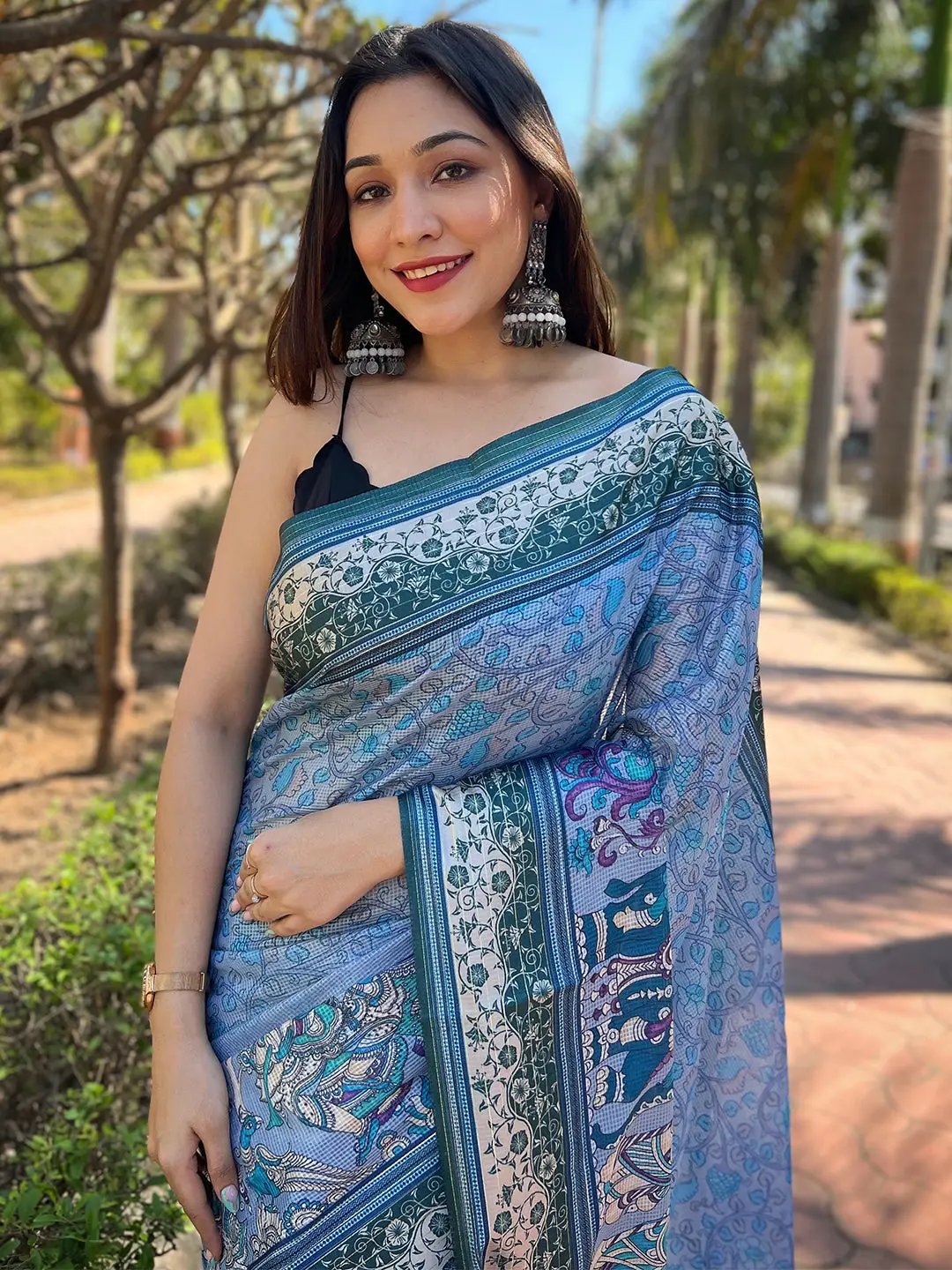 Satin Kota Doria Saree With Kalamkari Digital Print In Blue Colour by My Store