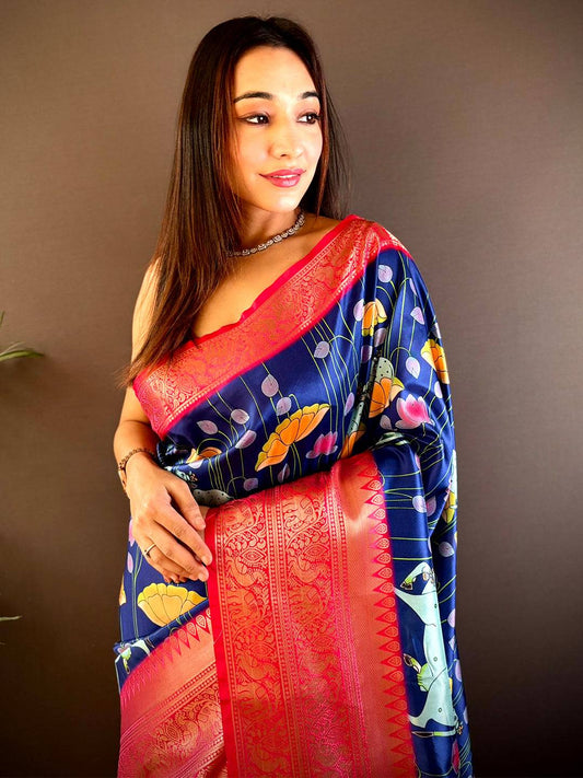 Navy Blue Soft Silk Saree With Pichwai Kalamkari Print by My Store