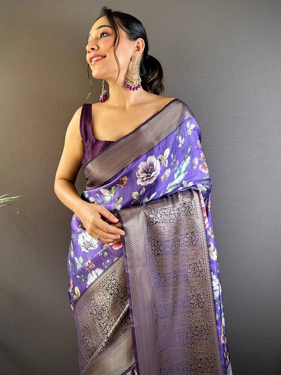 Lavender Satin Silk Floral Print Saree