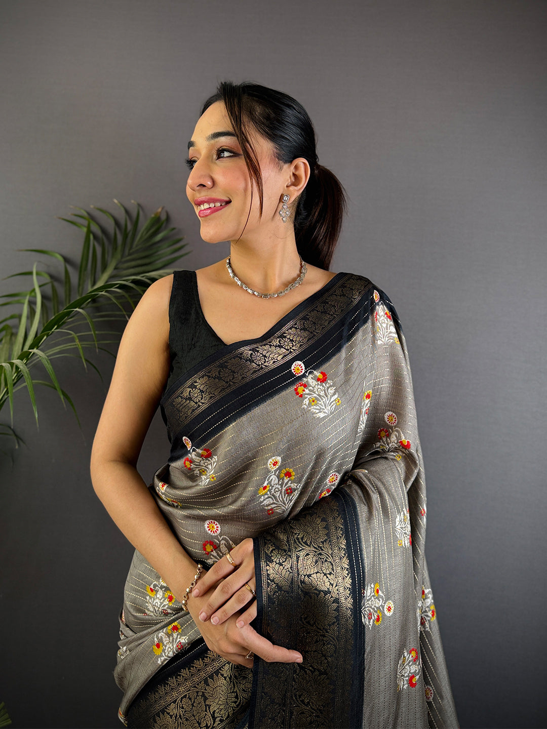 Grey Dola Silk Ajrakh Saree by My Store