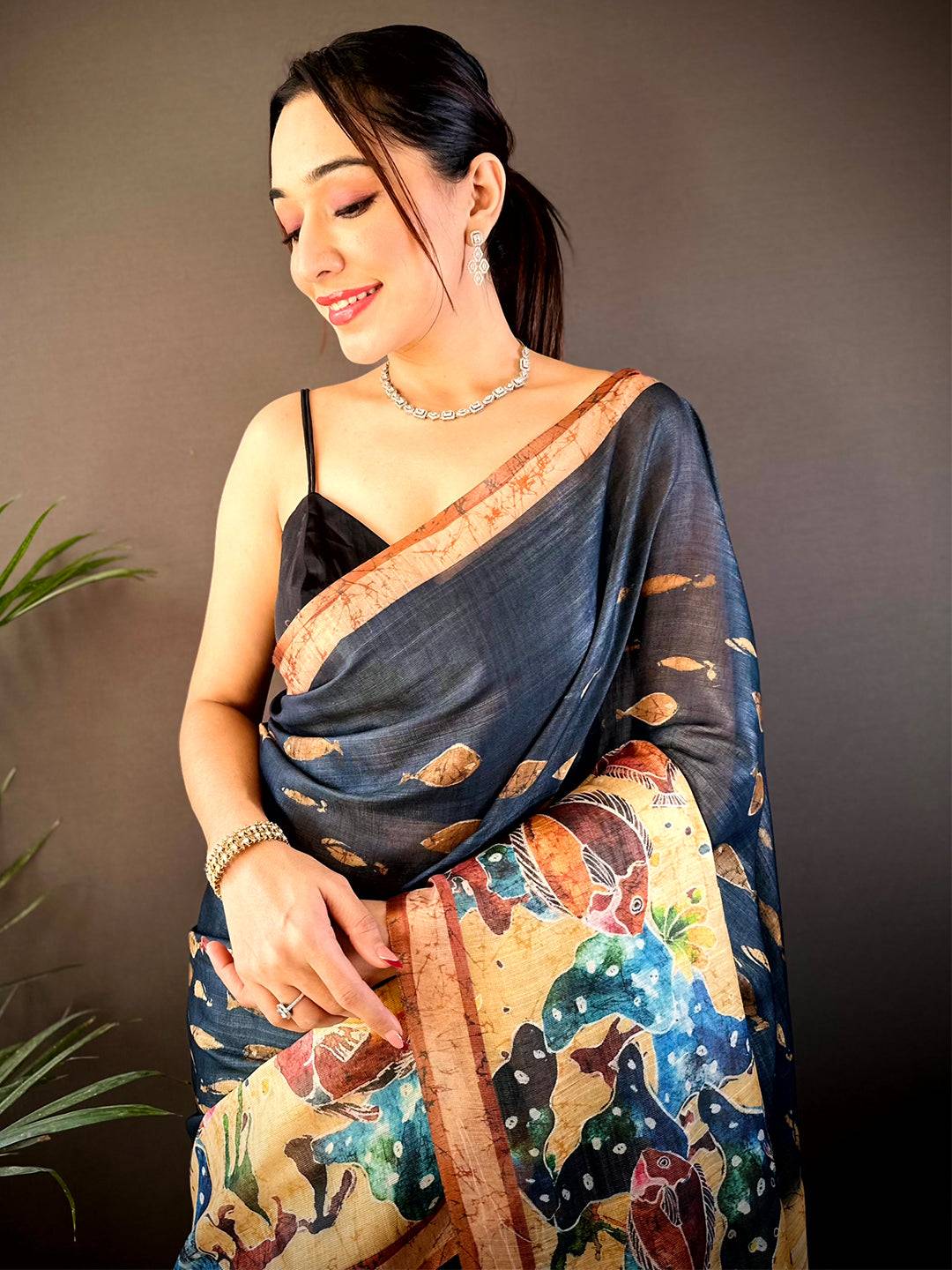 Navy Chanderi Floral Kalamkari Digital Print Saree by My Store