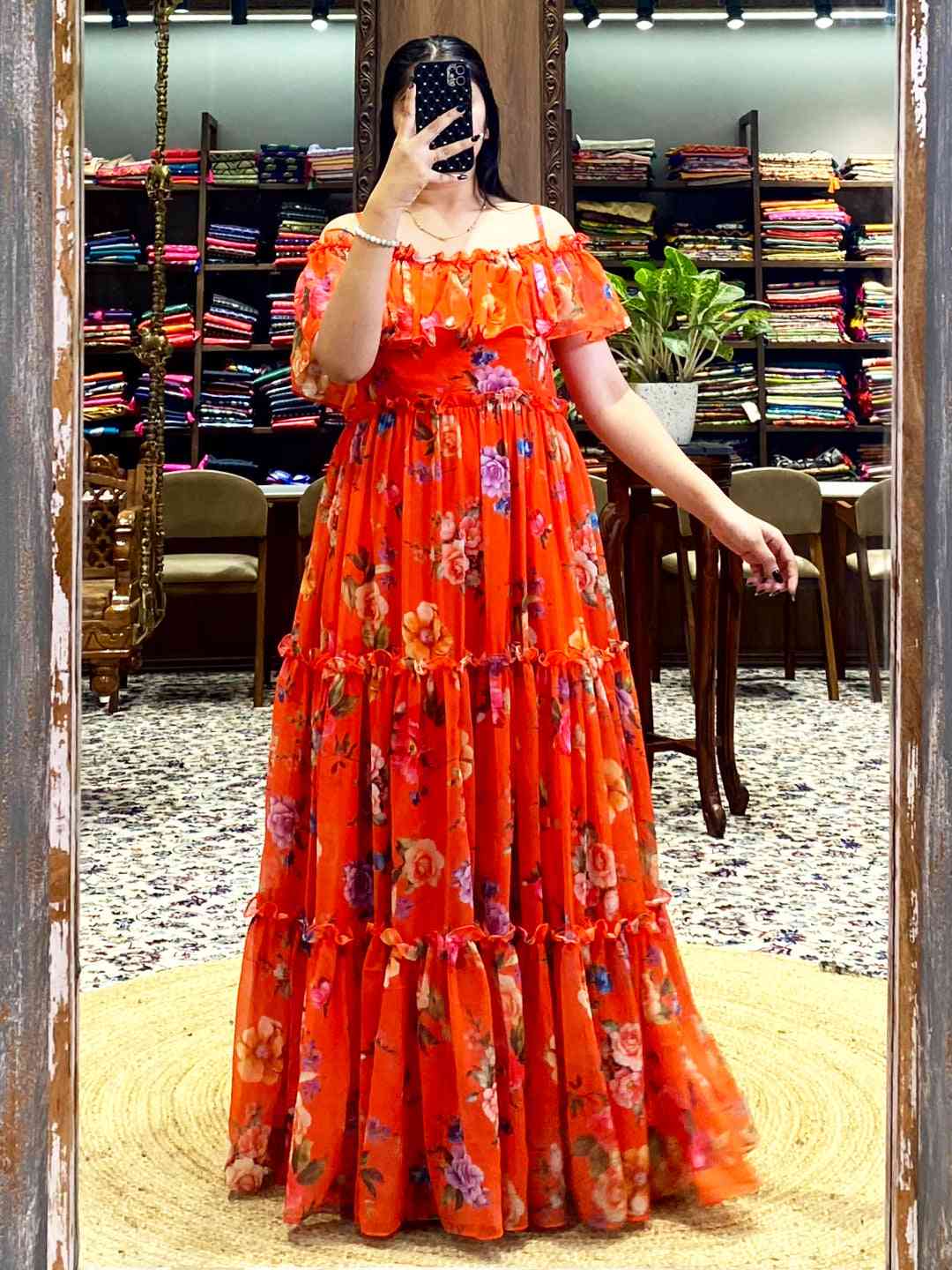 Sunny Orange Georgette Floral Dress by My Store