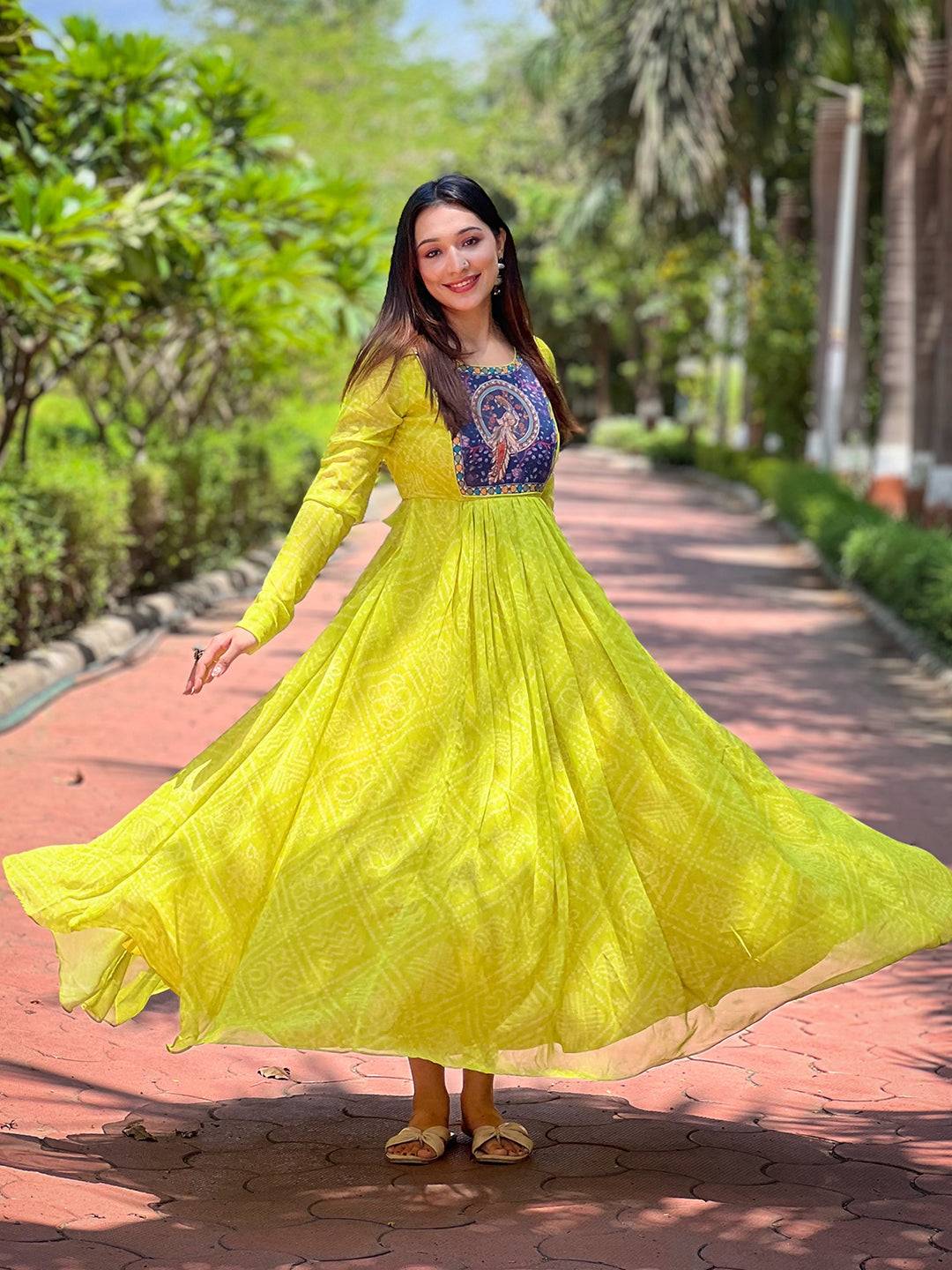 Pea Green Bandhej Dress by My Store